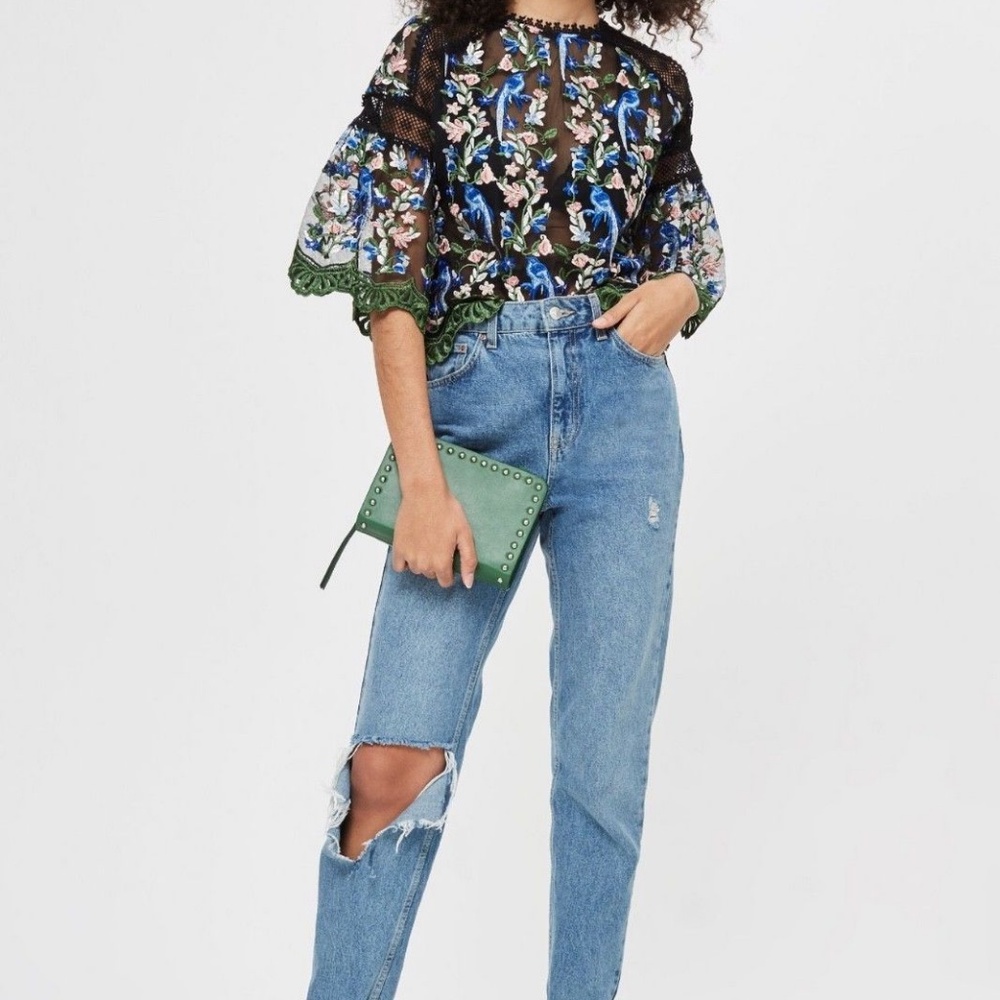 Topshop Black Embroidered Peacock Blouse